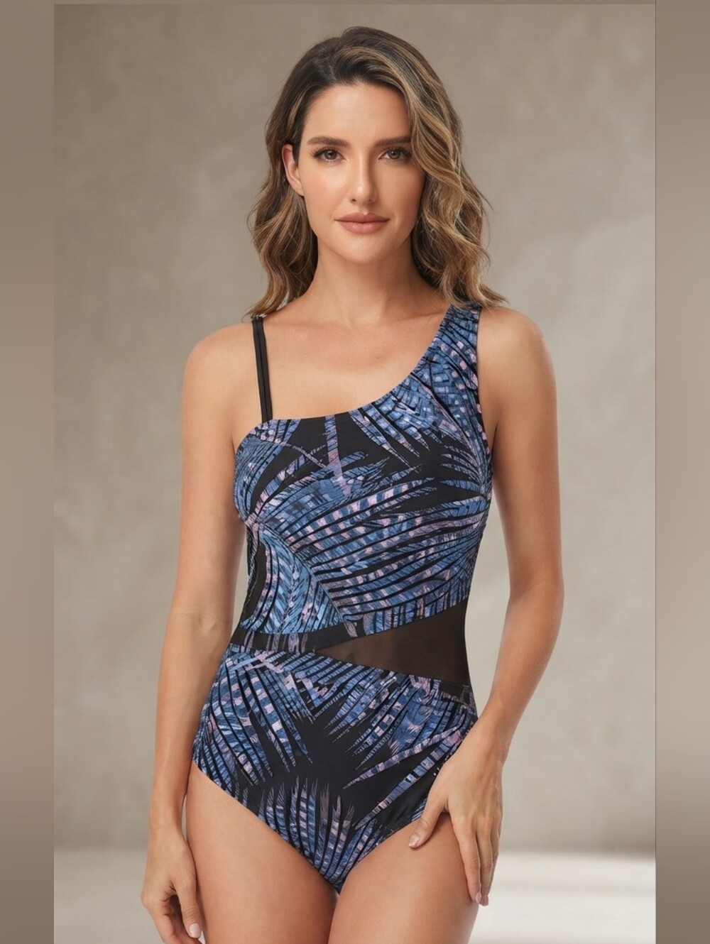 Women's Embrace Your Curves Slimming One Piece Swimsuit Navy Palm Print Medium